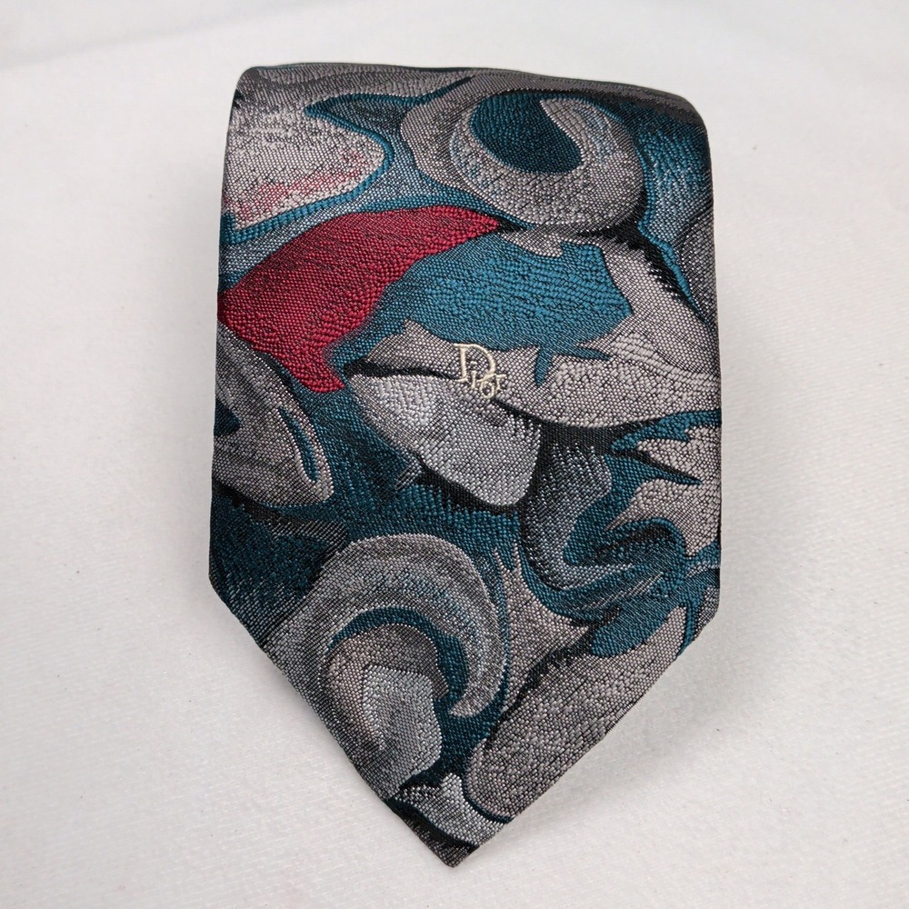 Christian Dior Monsieur Vintage Abstract Swirl Silk Blend Tie Grey Teal Red